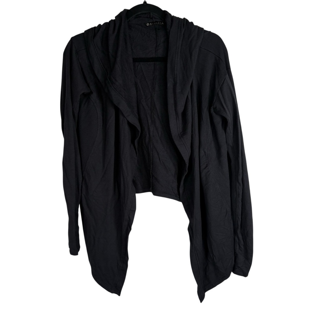 Athleta Womens Small Open Front Draped Hooded Black Cardigan Sweater Long Sleeve
